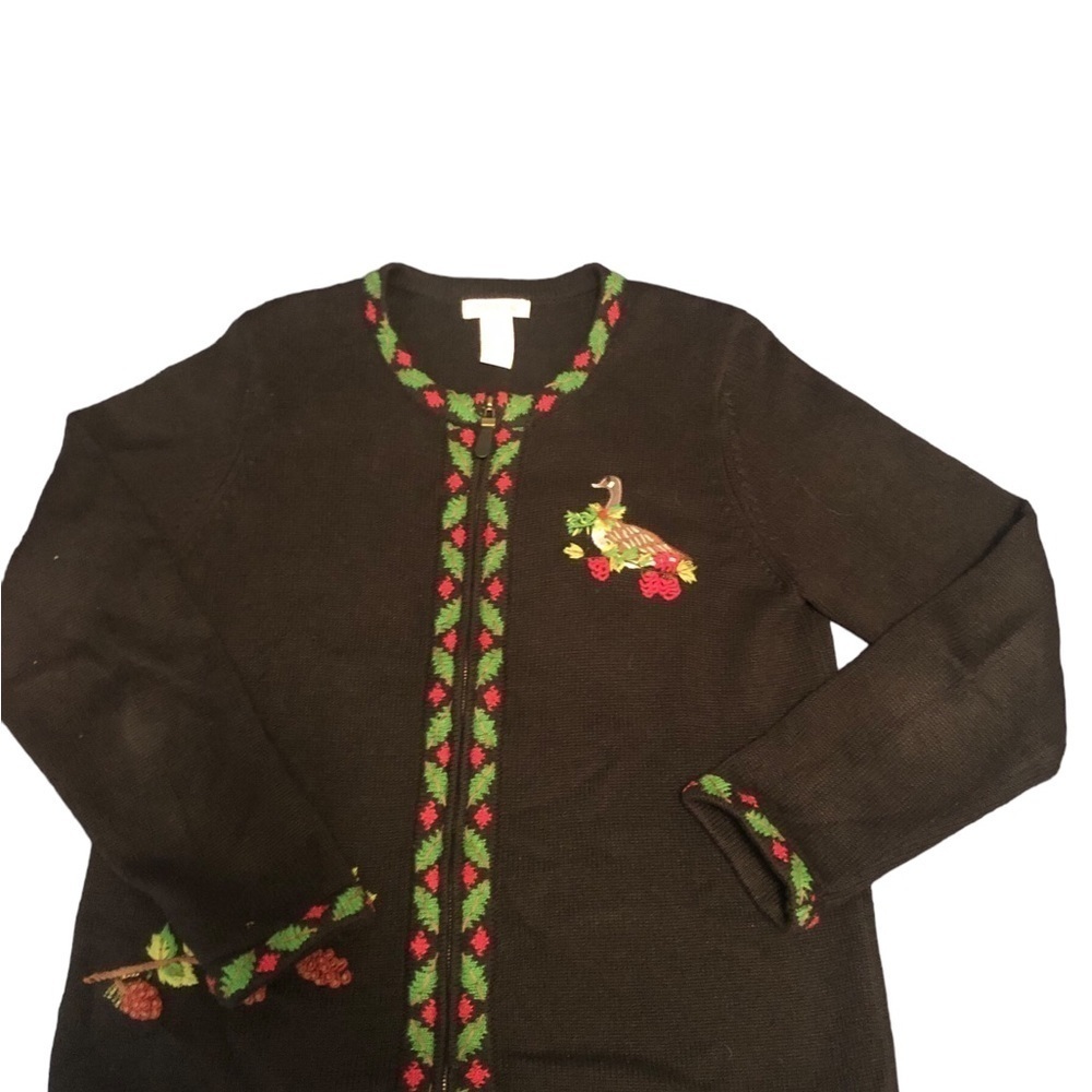 VTG Orvis Holiday Winter Cardigan M Black Embroidered Duck Holly Trim Full Zip